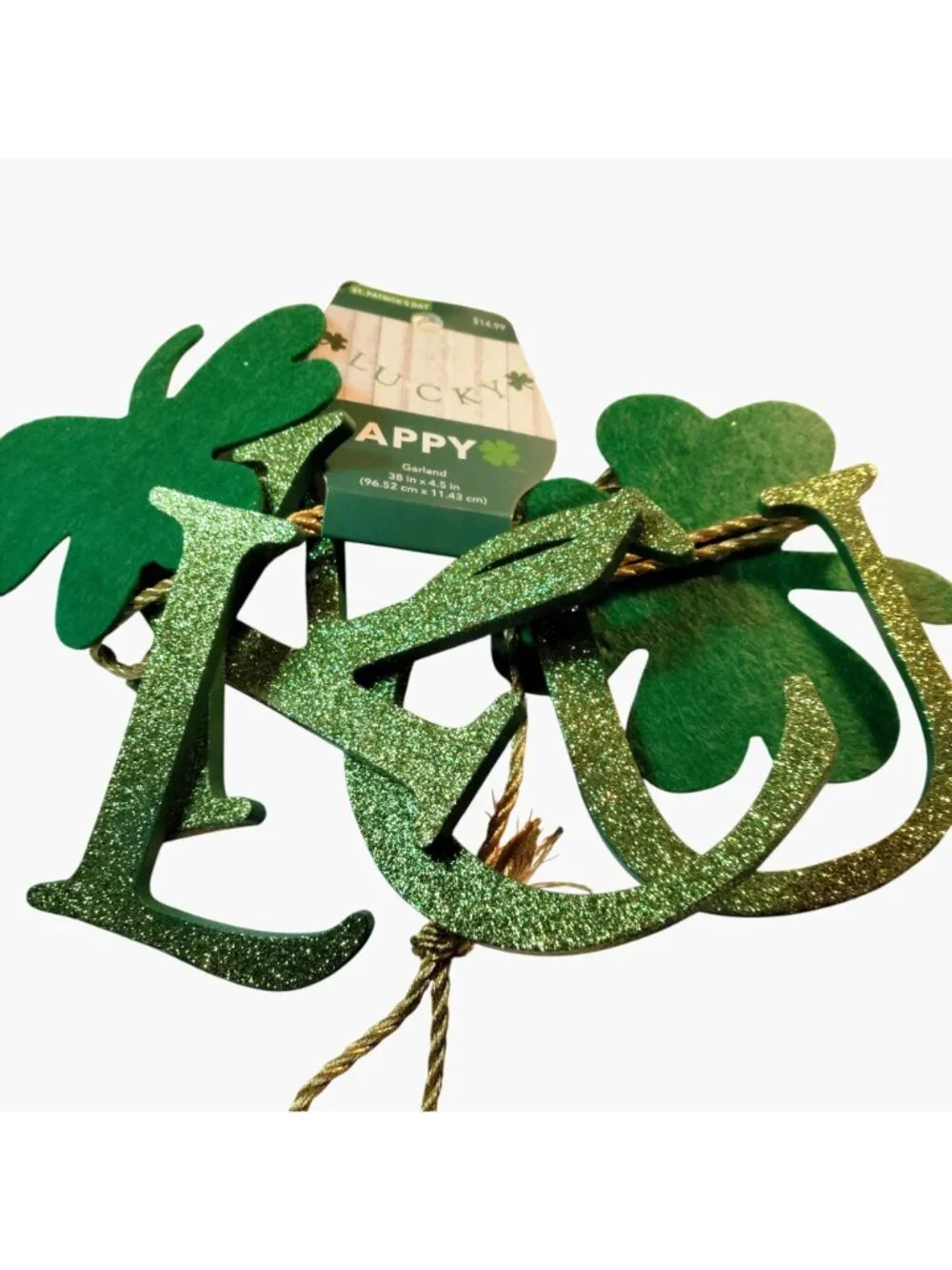 Lucky St Patricks Day Garland 38 In Green Glitter Shamrocks Luck of Irish